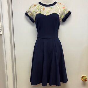 Ixia Navy Blue Sweetheart Floral Mesh Neckline Fit & Flare Mini Dress Size M